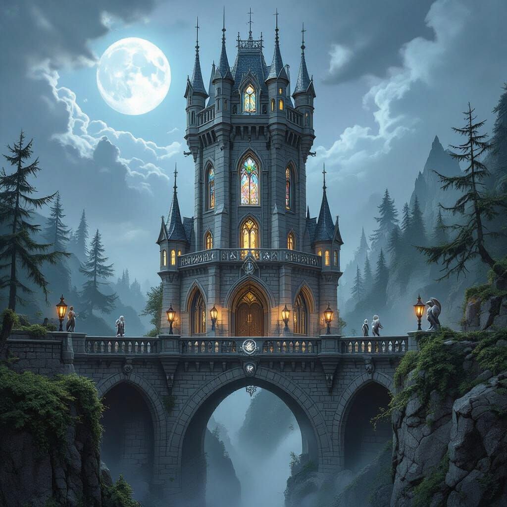 Victorian Fortress Tower on Stone Bridge in Moonlight