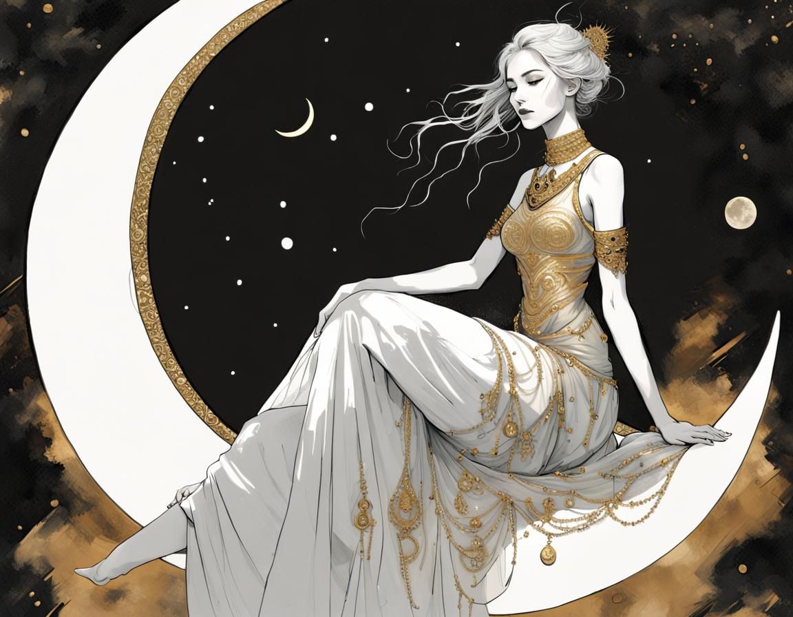 Ethereal Goddess on Crescent Moon in Rozalski Style
