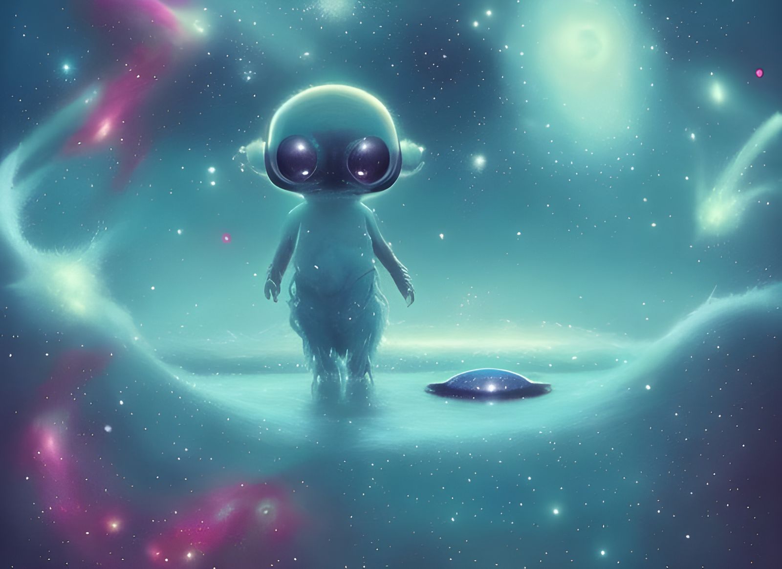 Fluffy Alien in Cosmic Lake: A Fantasy Art Piece
