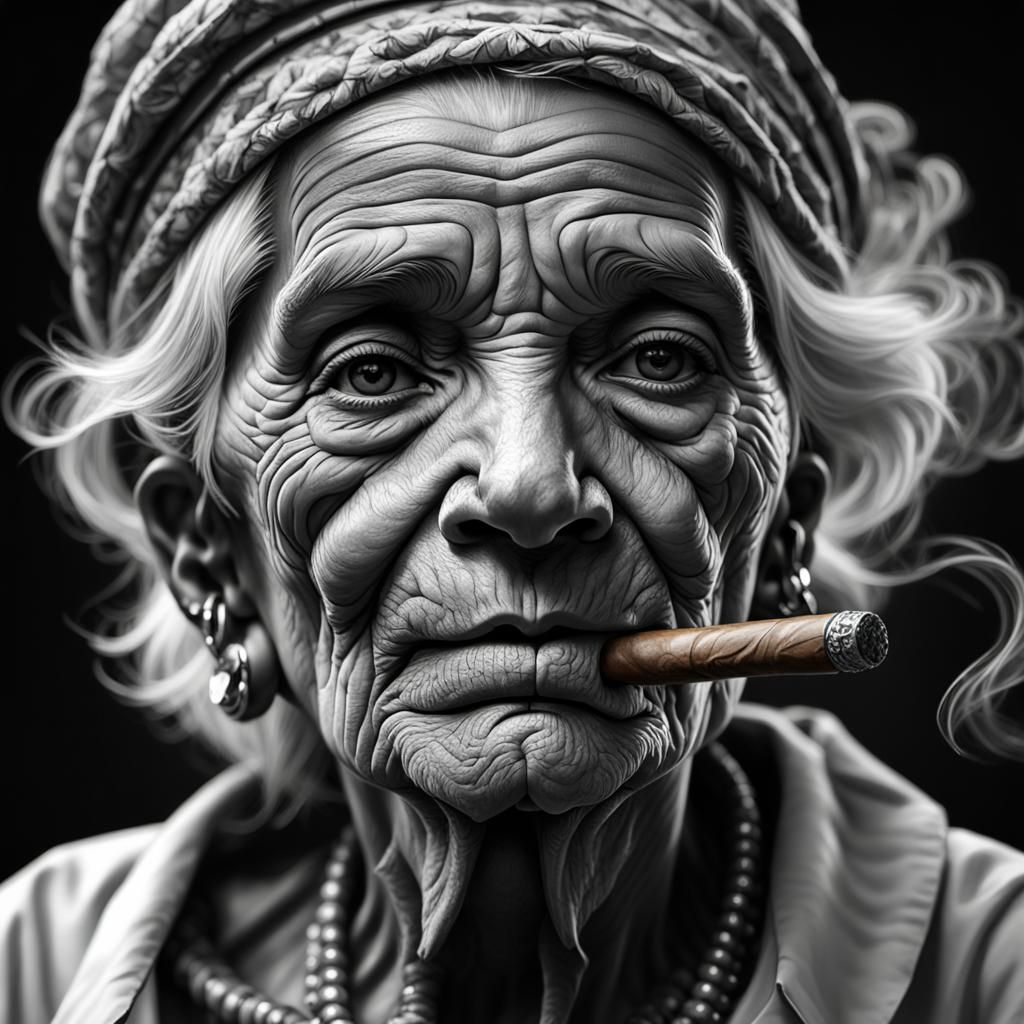 Elderly Cuban Woman Smoking Cigar: Black and White Portrait
