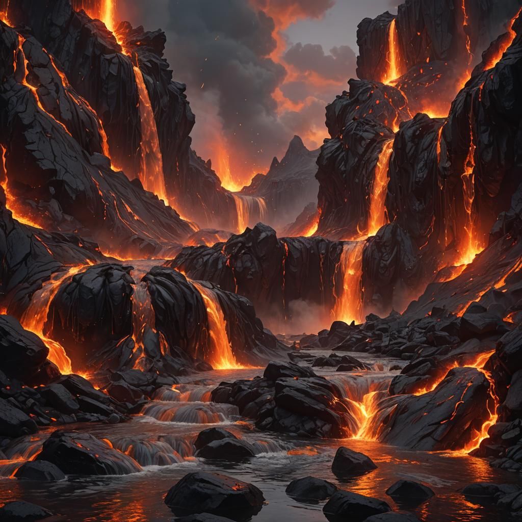 Lava Waterfall with Fire Elementals, Dark Fantasy Art