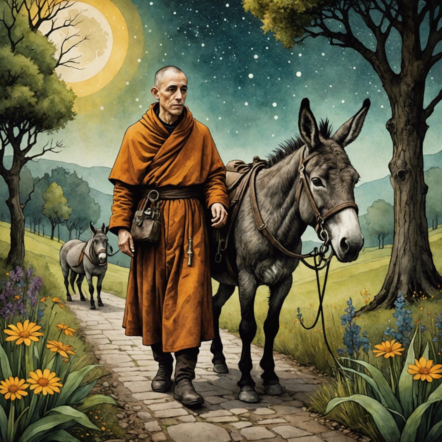 Monk and Donkey Travel Through Whimsical Garden