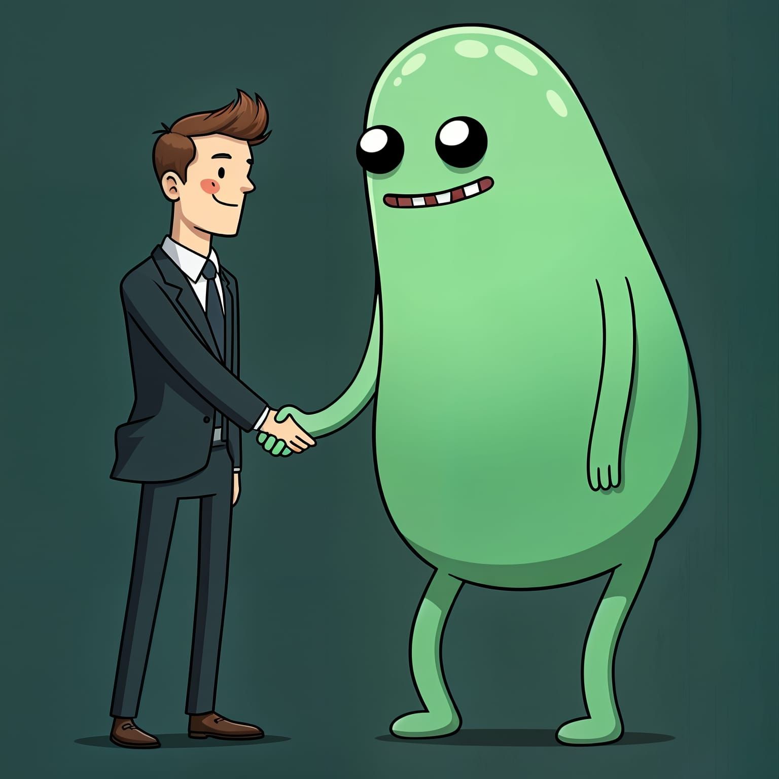 Man Shakes Hands with Giant Amoeba in Whimsical Cartoon Styl...