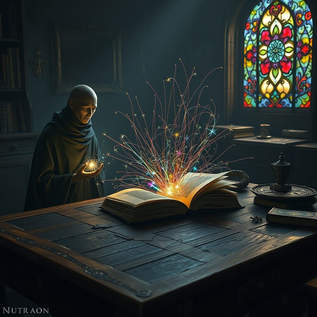 Faceless Creature Meditates Beside Illuminated Table in Myst...