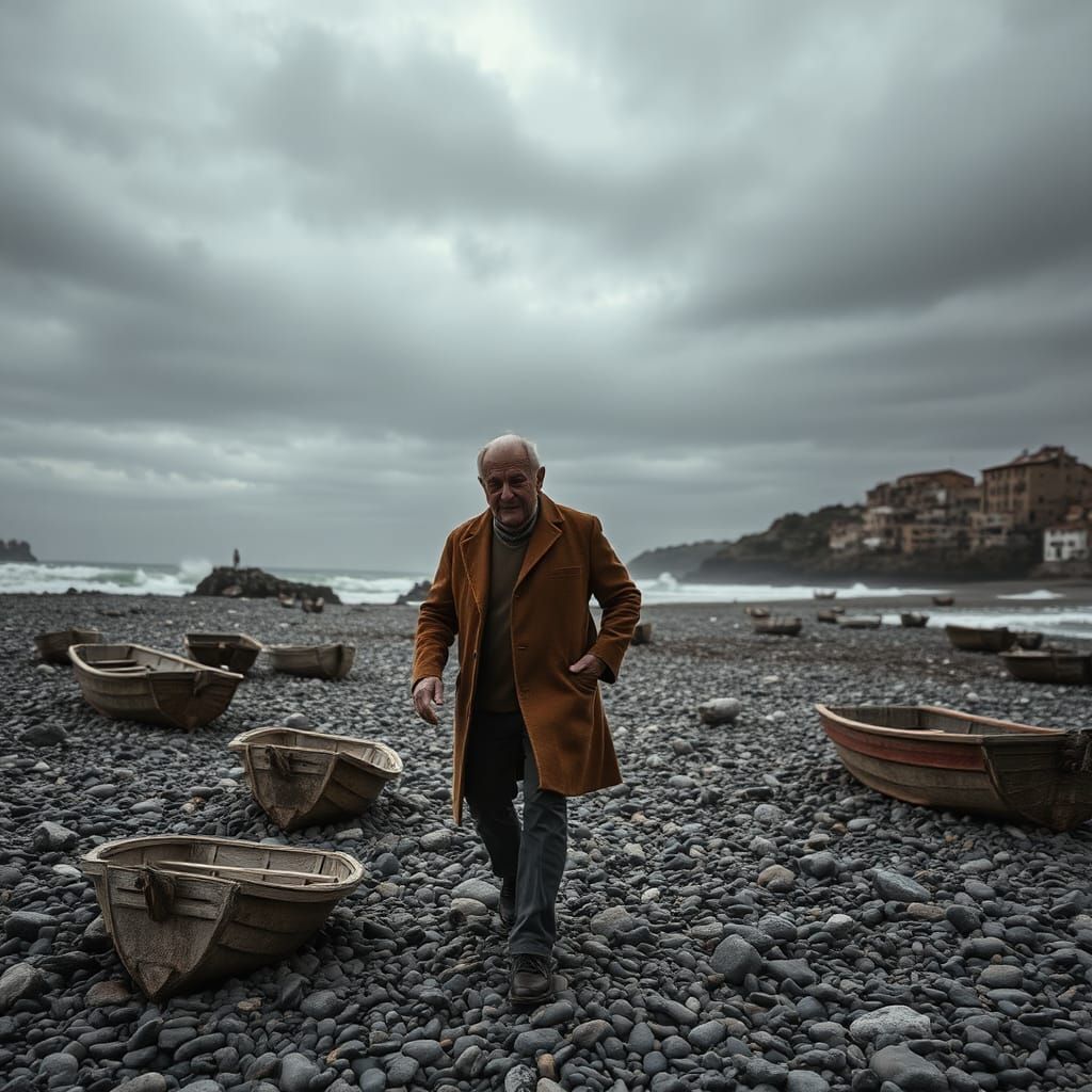 Italian Couple on Ligurian Beach in Somber Serenity