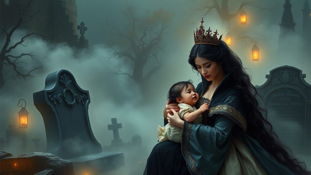 Mourning Queen in Regal Grief with Snow White