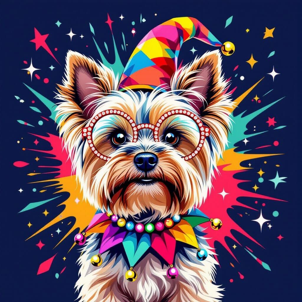 Sassy Yorkie in Jester Costume with Festive Background