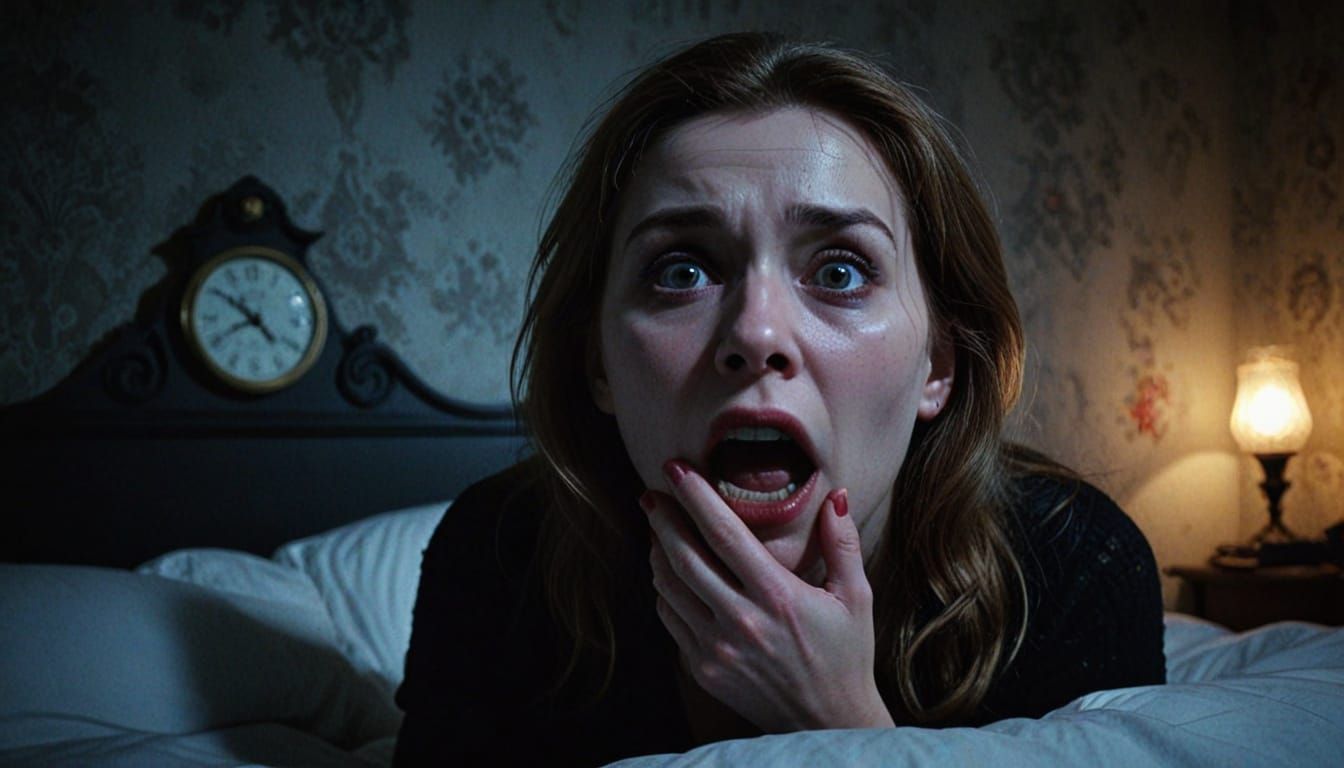 Terrified Woman with Looming Figure in Cinematic Horror