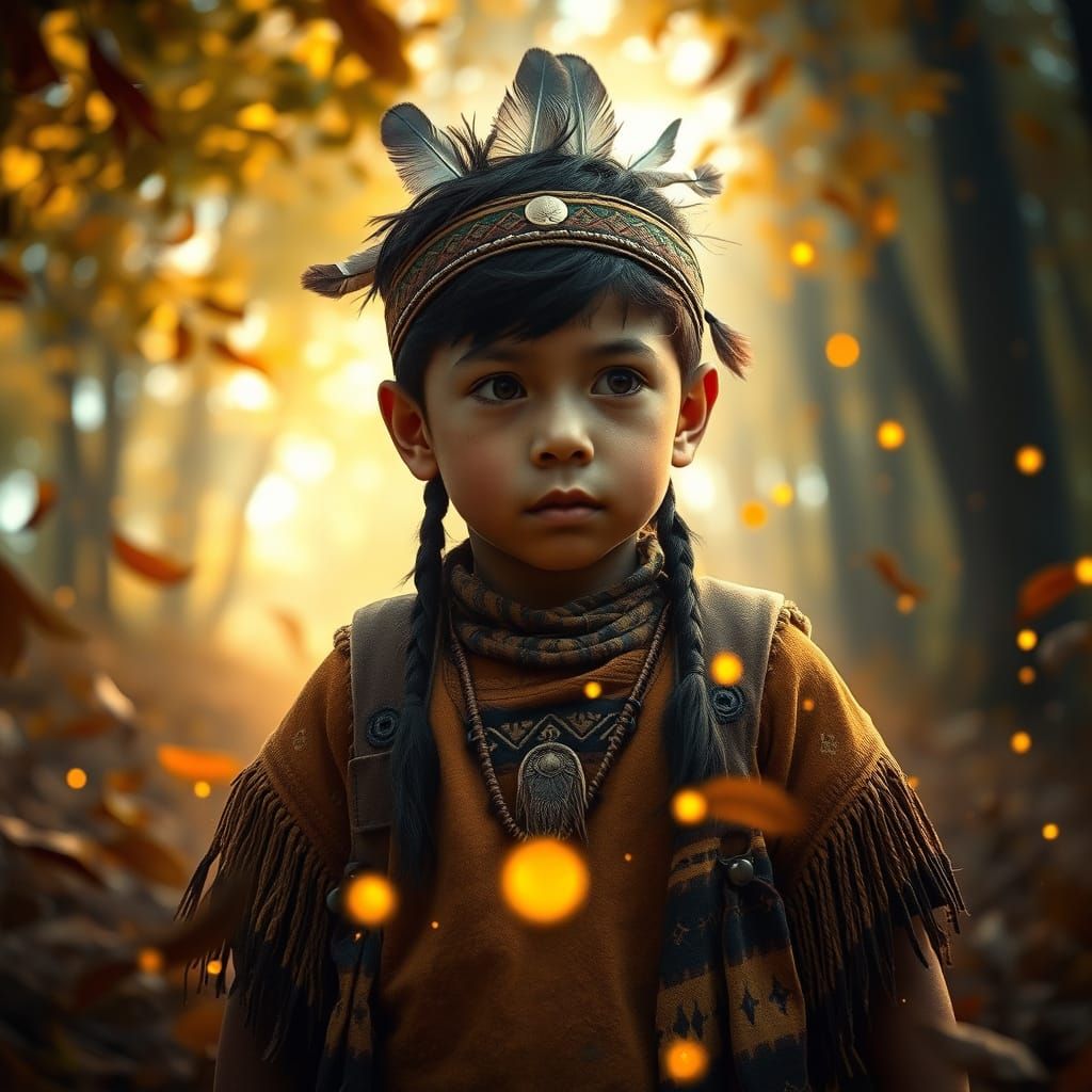 Surreal Native American Boy Explores Whimsical Forest in Vib...