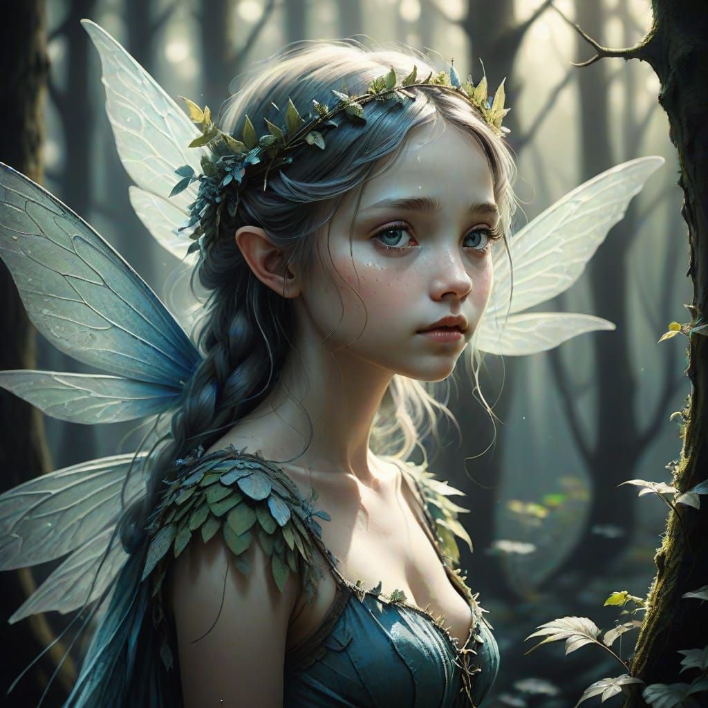 Delicate Whimsical Fairy in Earthy Woodland Setting