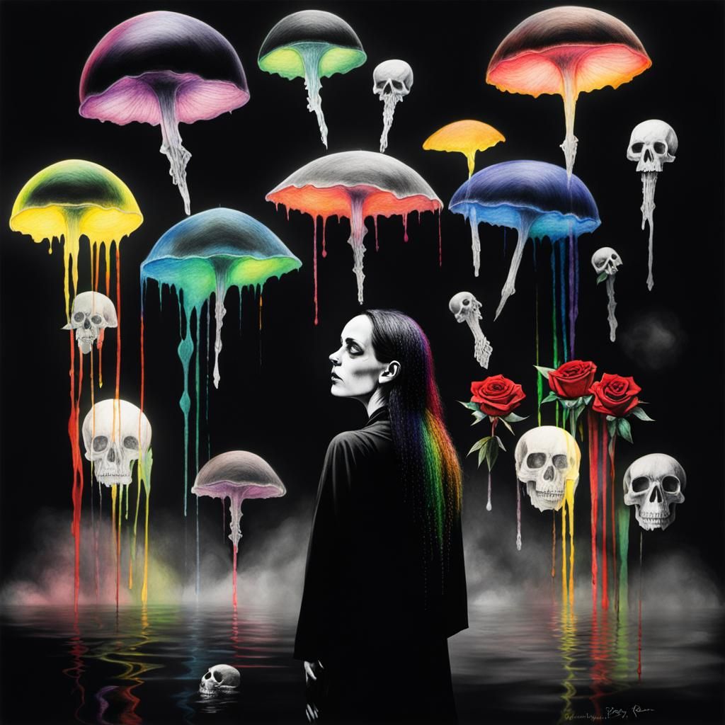 Goth Woman in Pain: Surreal Crayon Drawing