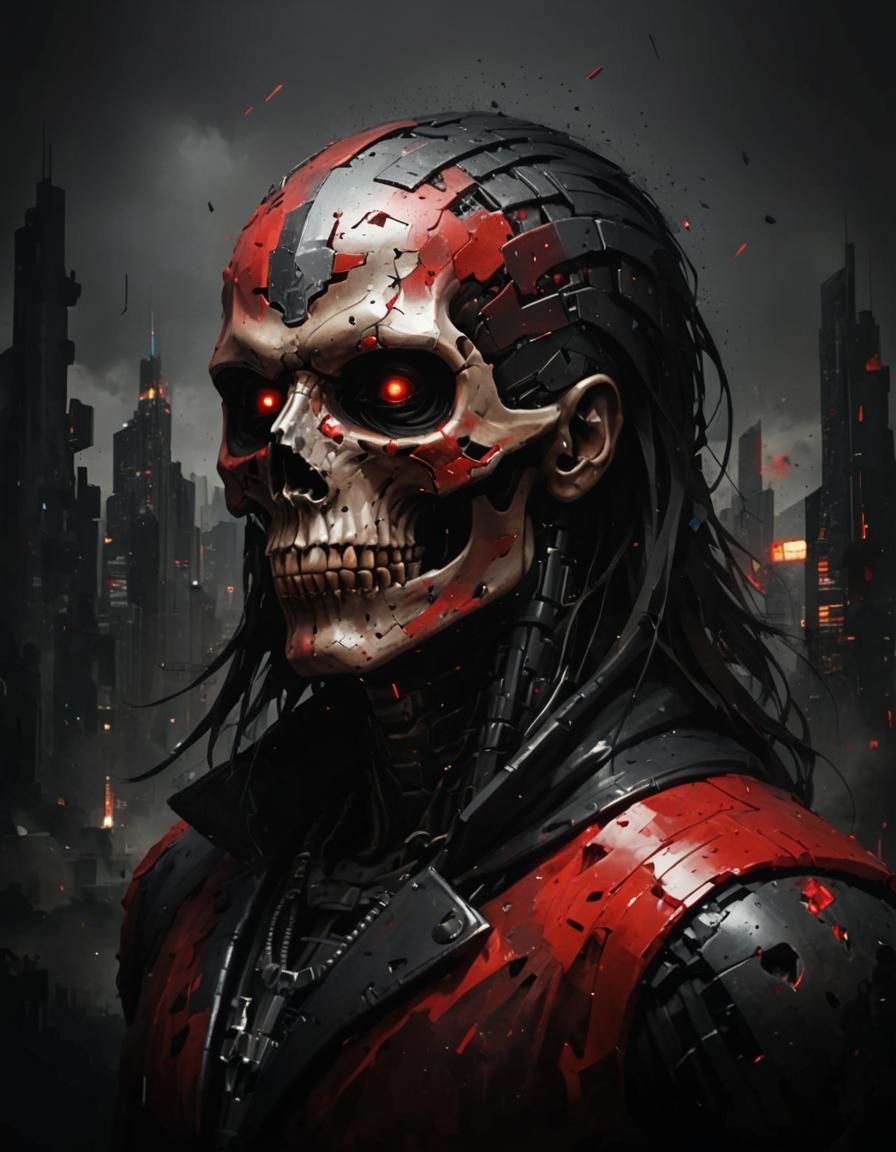 Pixelated Skull in Surrealist Cyberpunk Art