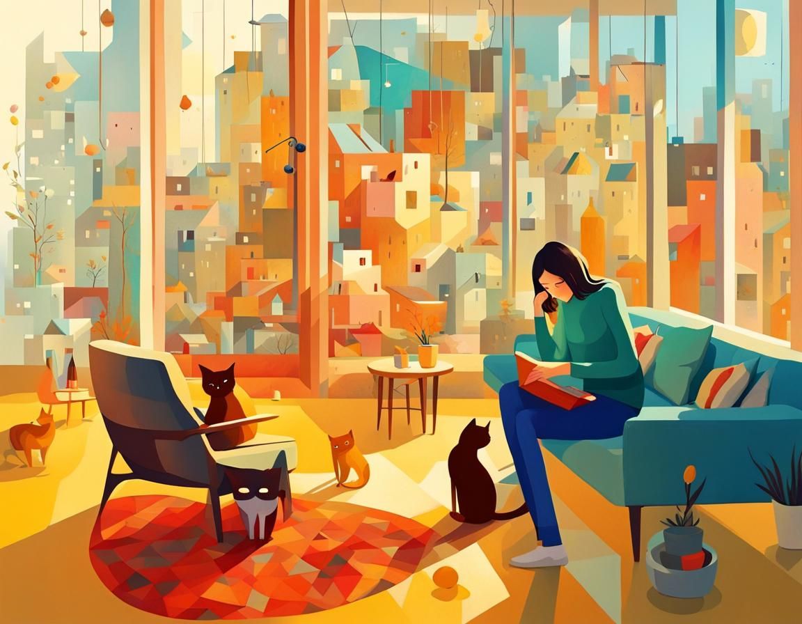 Whimsical Home Scene with People and Cats