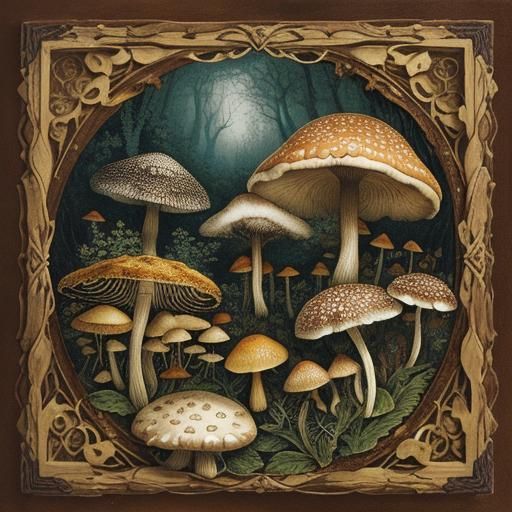 Botanical Ink Drawing of Giant Mushrooms