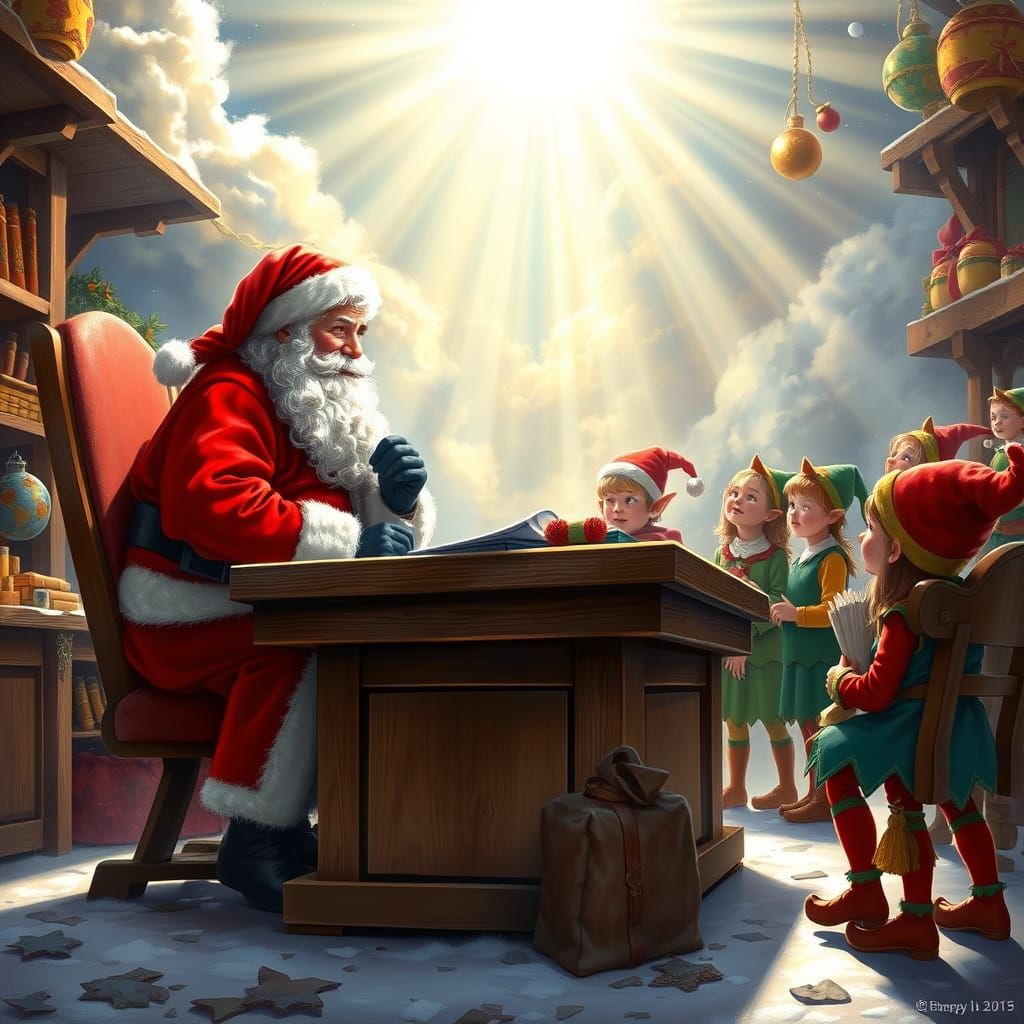 Santa Interviews Elves in Celestial Workshop