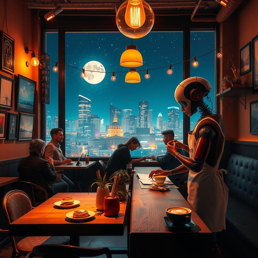 Cozy NightCafe Scene with AI Art and Humanoid Robot