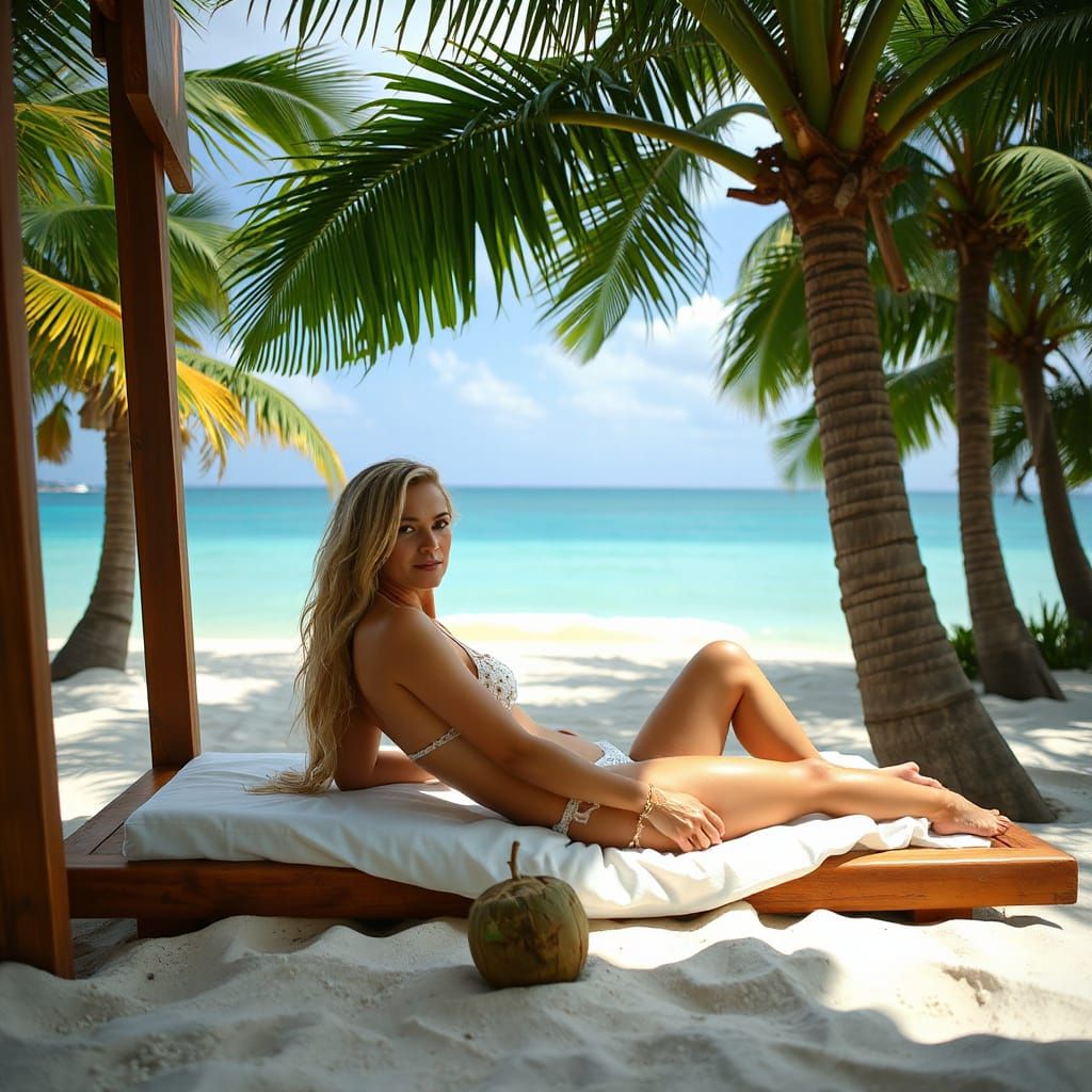 Woman on Balinese Beach with Coconuts