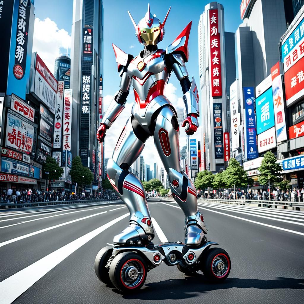 Futuristic Ultraman Blazar Skates Through Tokyo in 8K
