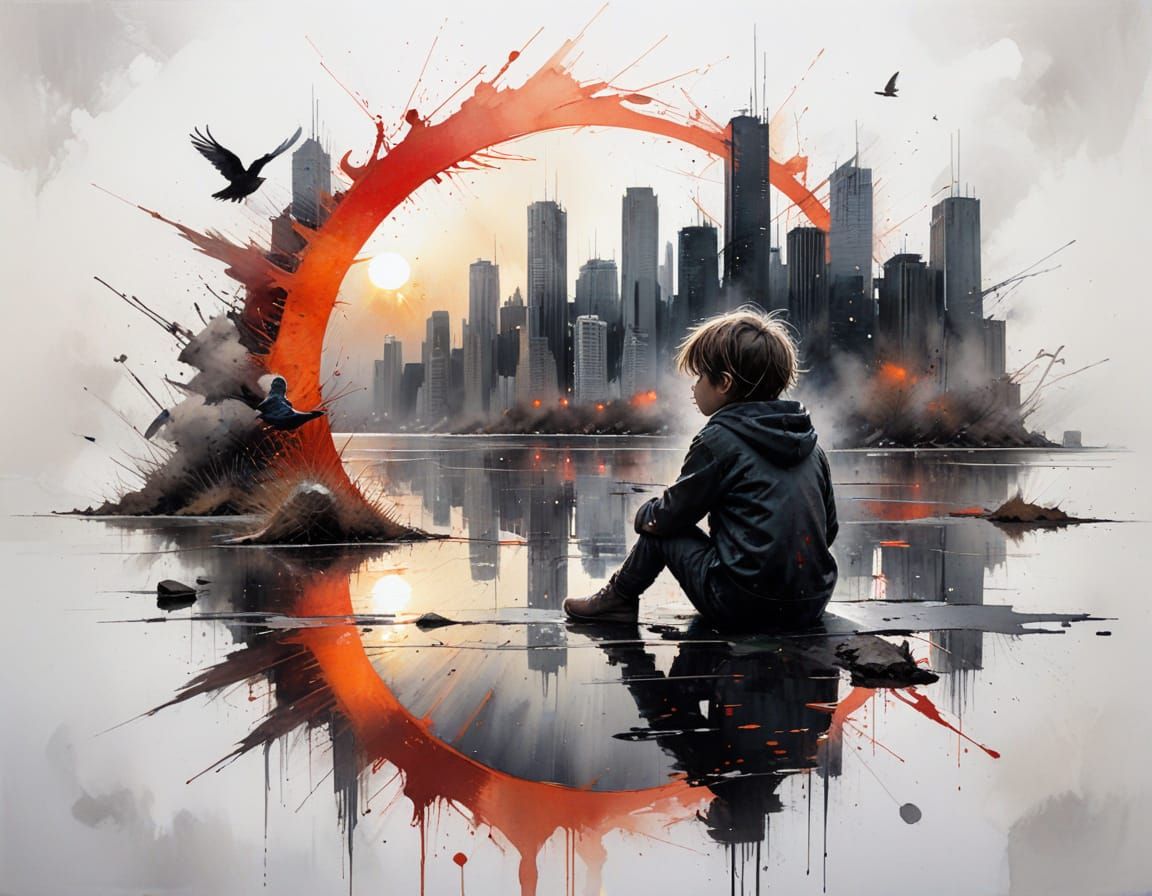 Surreal Child Contemplating Cityscape Under Moody Skies