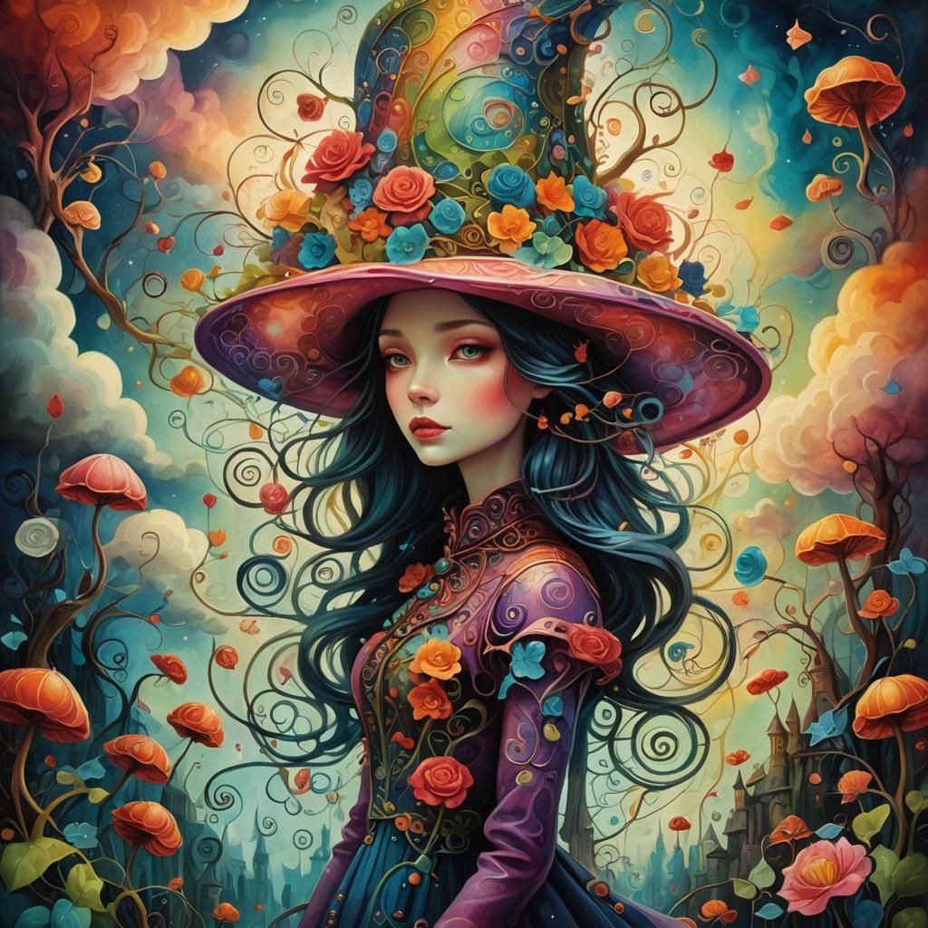 Dreamlike Girl in Floral Landscape, Surreal Digital Art