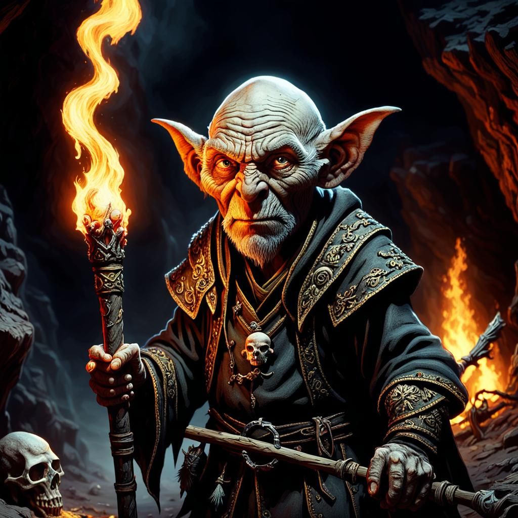 Elderly Goblin Mage in Torchlit Cavern
