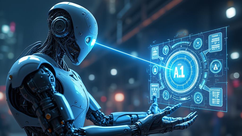 Sleek Robot Scans Futuristic AI Network in Neon-Lit Sci-Fi L...