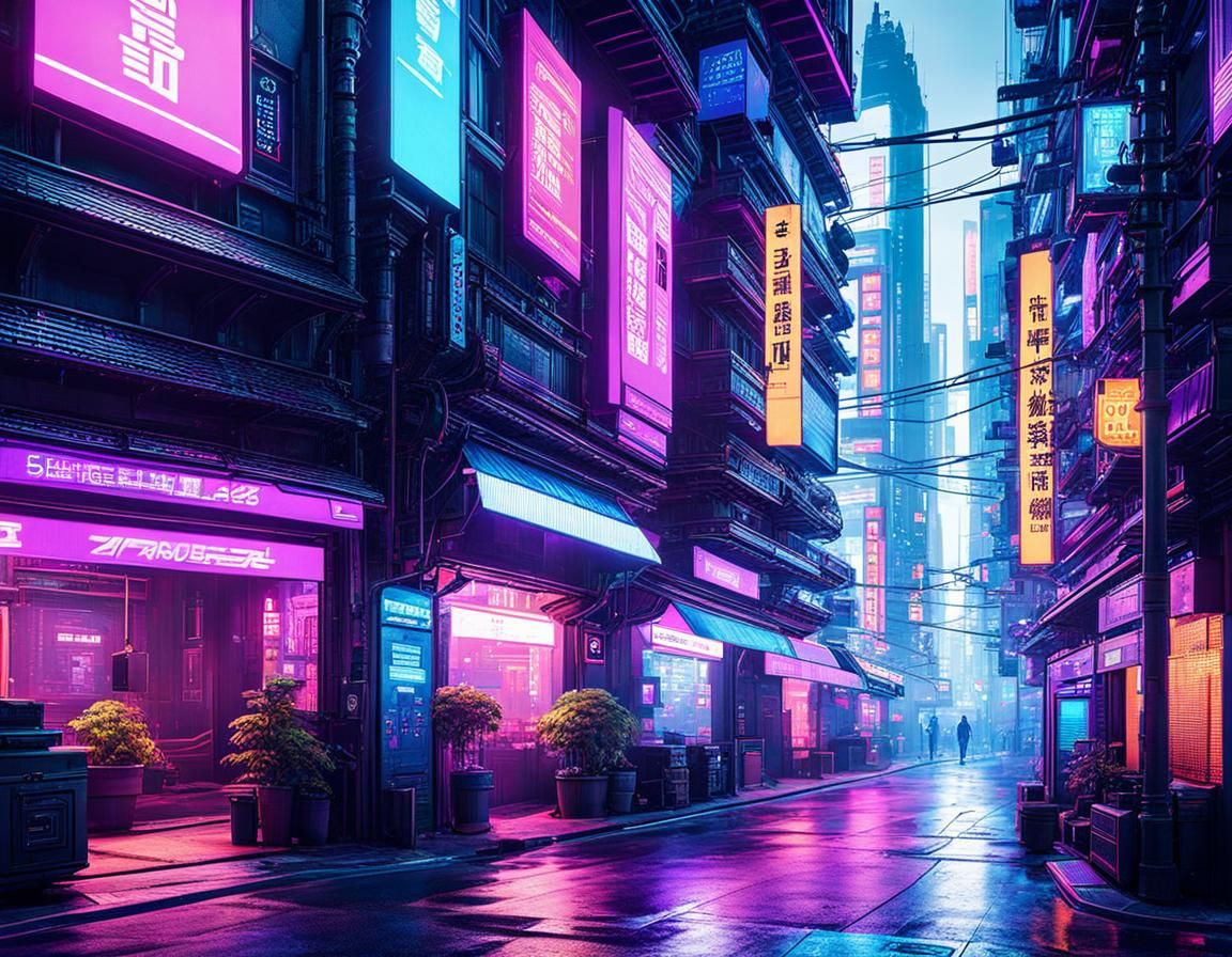 Cyberpunk City Street with Fluorescent Accents