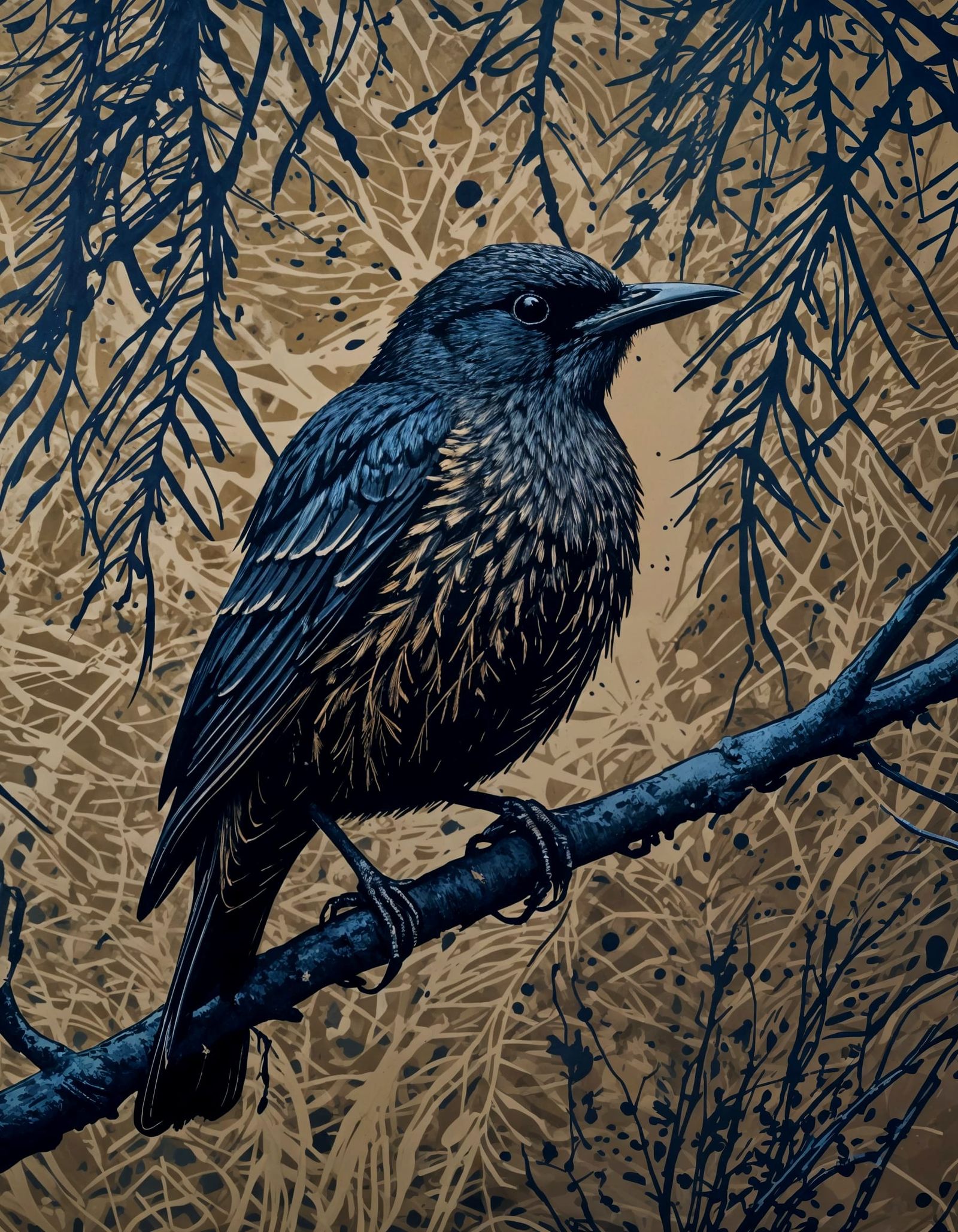 Starling Portrait in Linocut Print Style