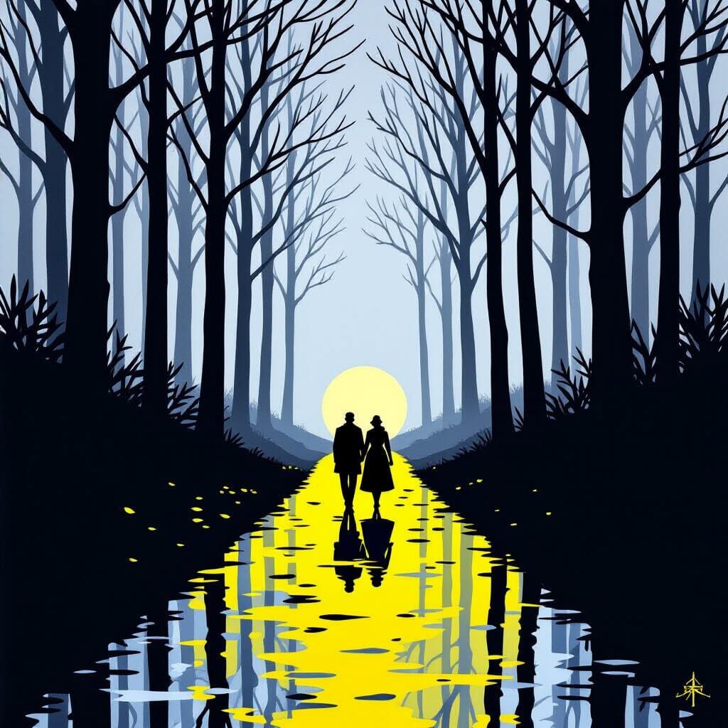 Dark Fantasy Autumn Scene with Yellow Silhouettes in Minimal...
