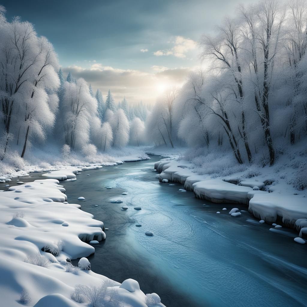 Winter Riverscape: Snowy Valley in Digital Painting