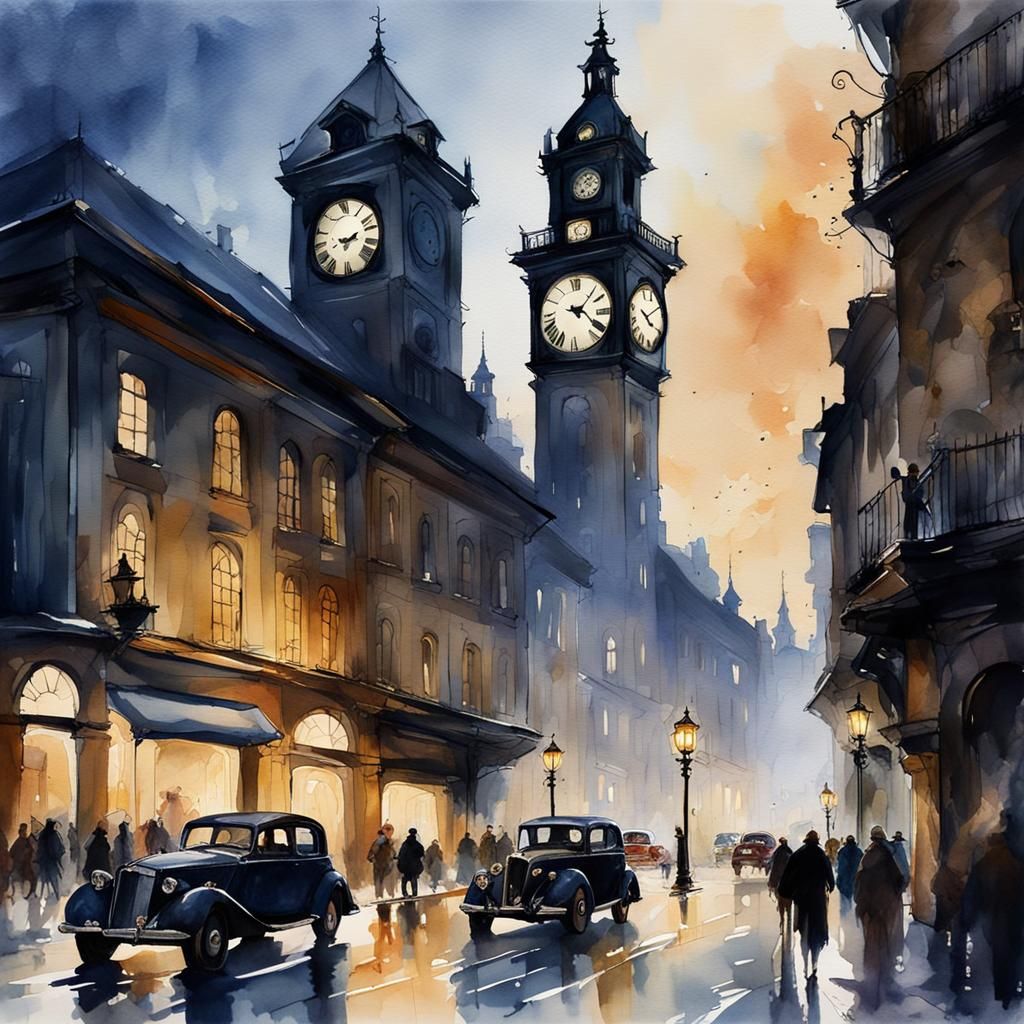 Majestic Clock Tower at Night: Watercolor Painting