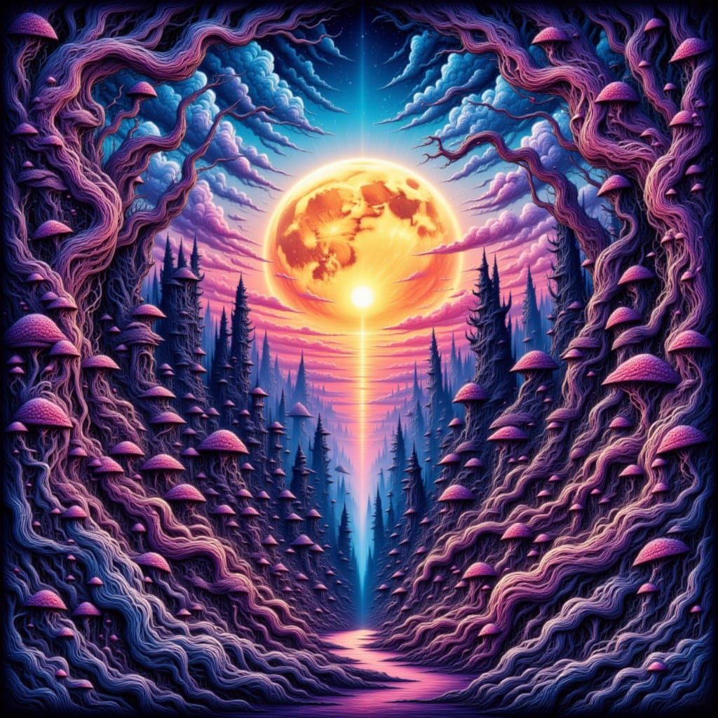 Eldritch Landscape in Golden Twilight, Surreal Ink Art