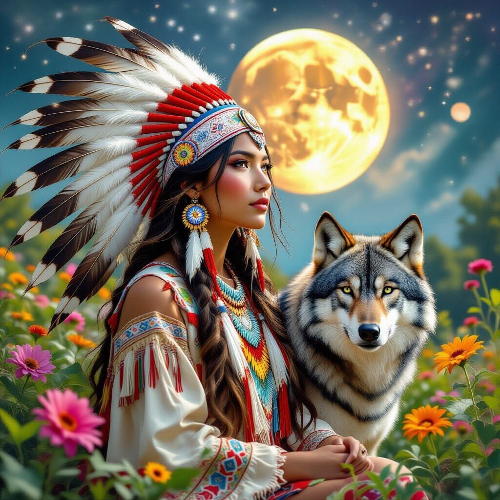 Native American Maiden and Wolf in Dreamy 3D Art