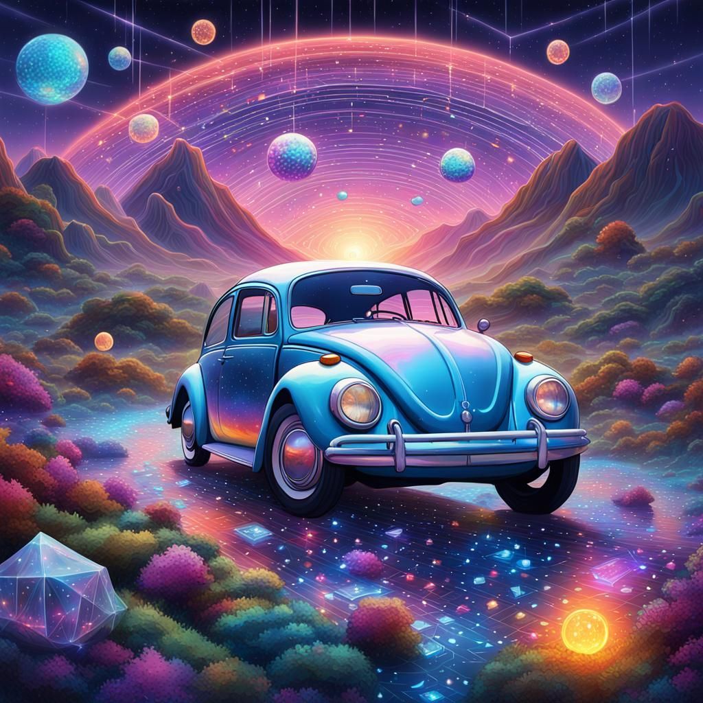 Cosmic Volkswagen Beetle Illustration in Mixed Media