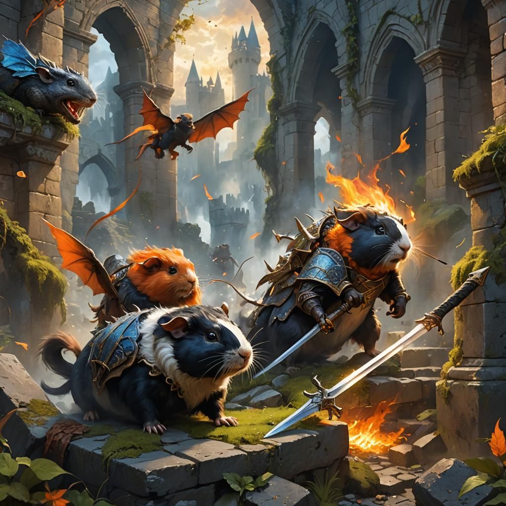 Guinea Pigs Fighting Dragons in Ancient Ruins