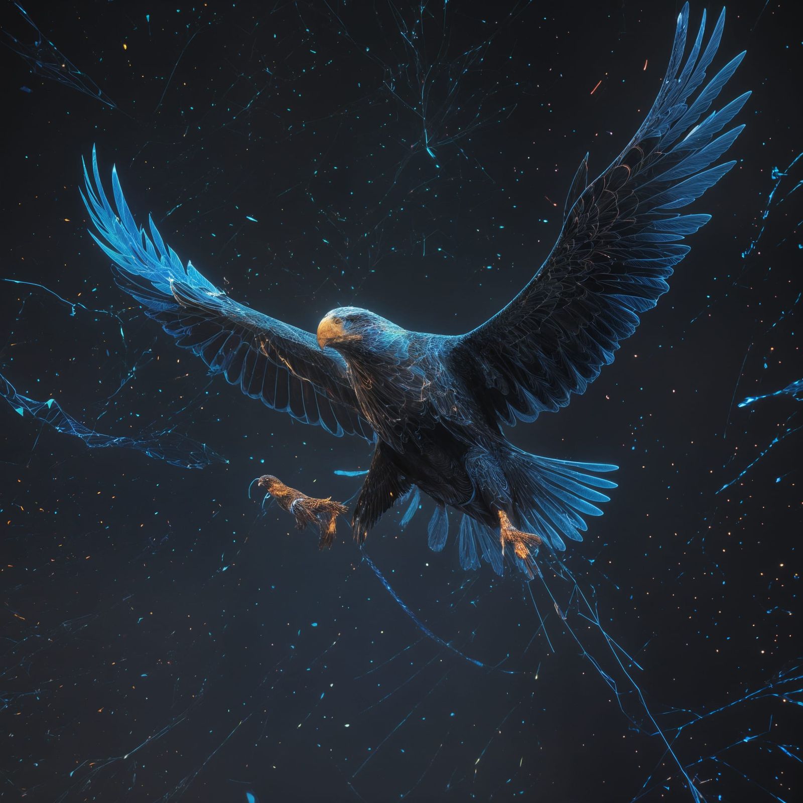 Holographic Eagle Blueprint in Wireframe Style