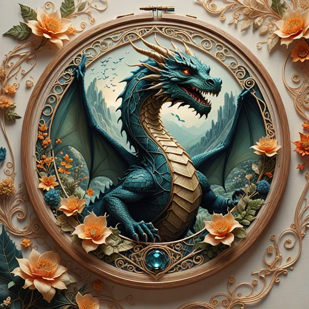 Dragon's Surreal Transformation Through Embroidery Hoop