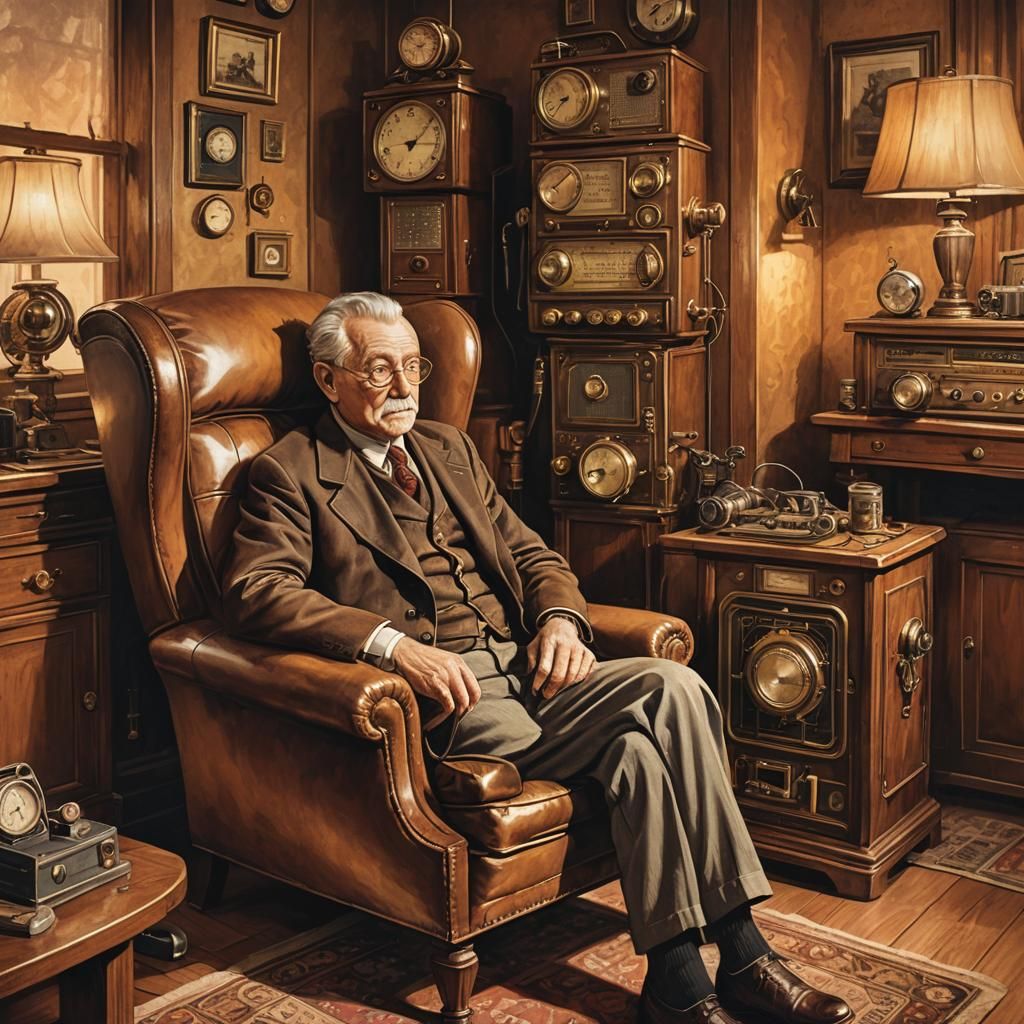 Steampunk Elderly Man Listening to Vintage Radio
