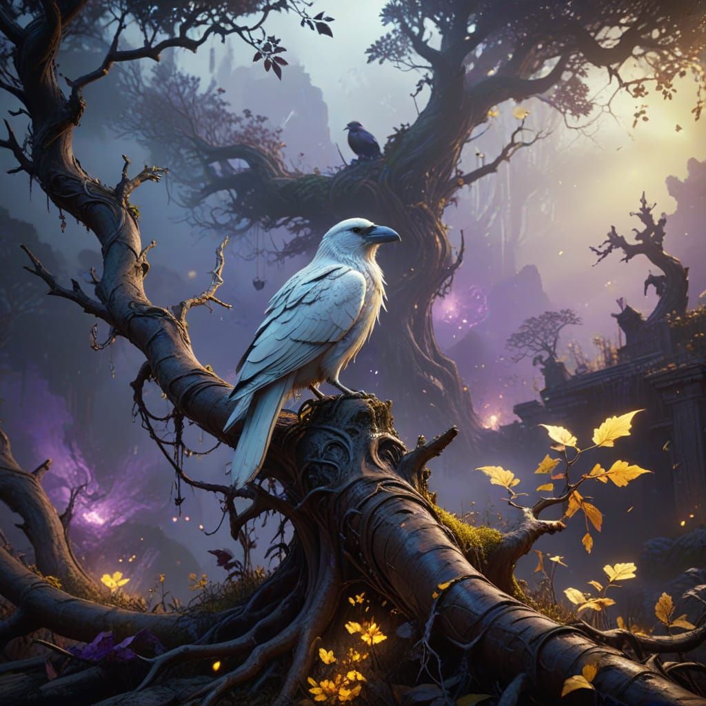 Ethereal White Raven in Dark Fantasy Setting