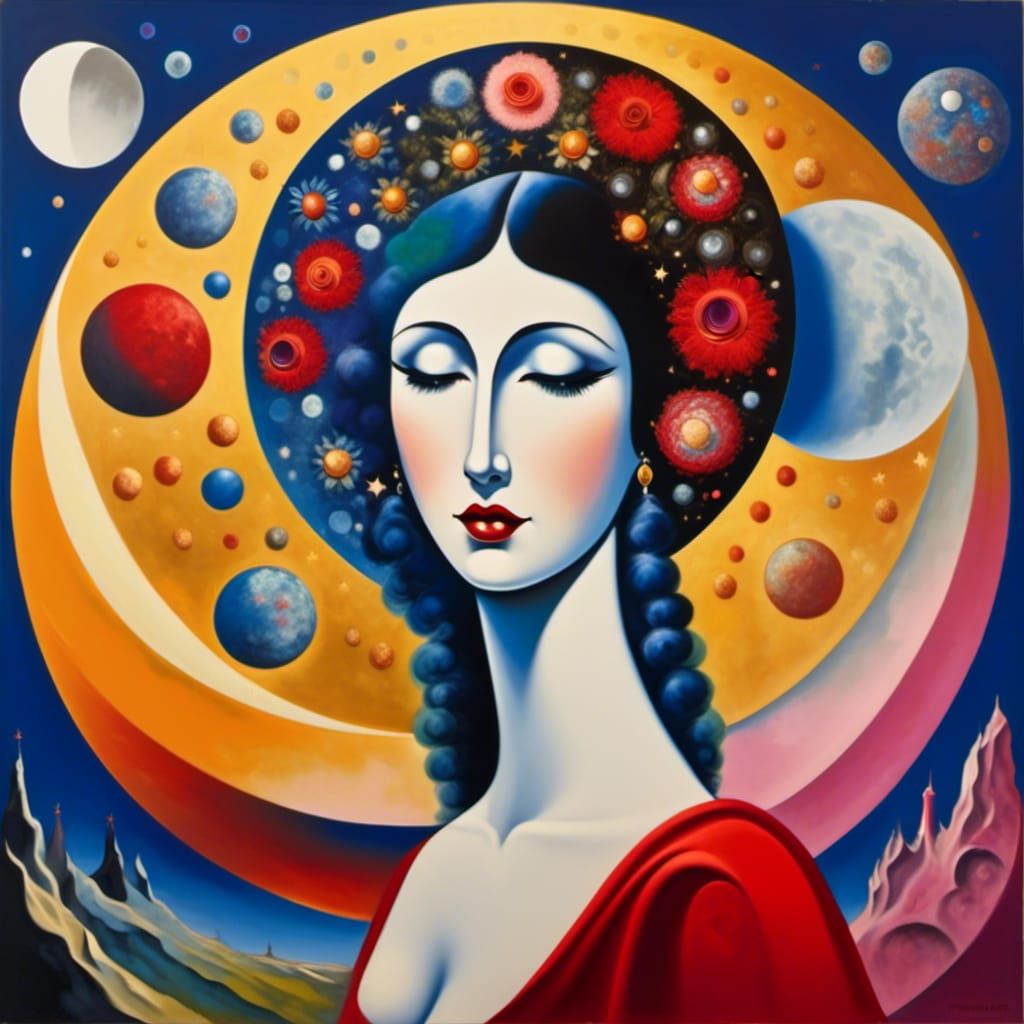 Surreal Moon Face in Chagall-esque Oil Painting