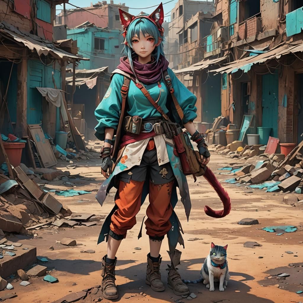 Anime Cat Girl in Slum: Fantasy Concept Art