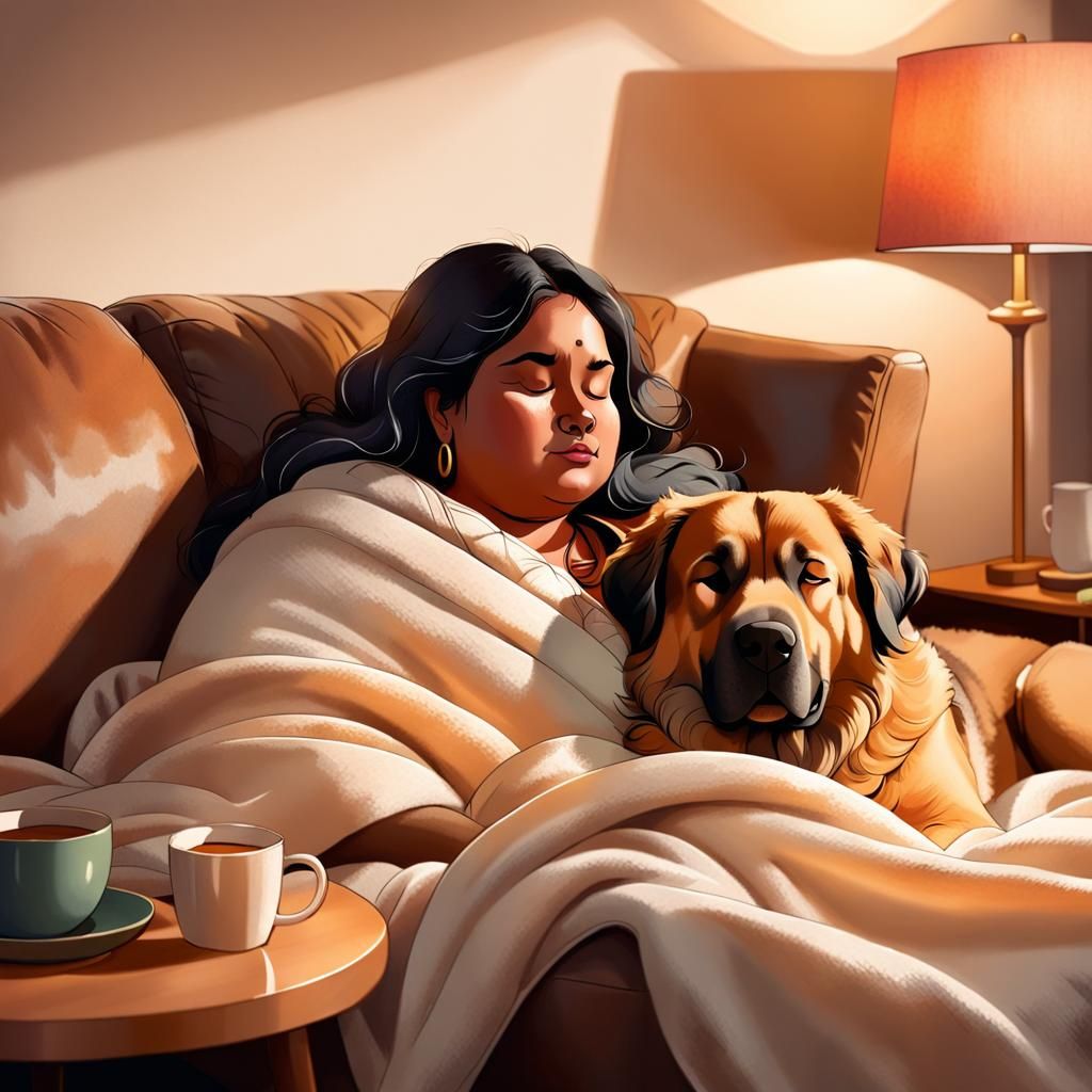 Cozy Graphic Novel Illustration of Woman and Dog