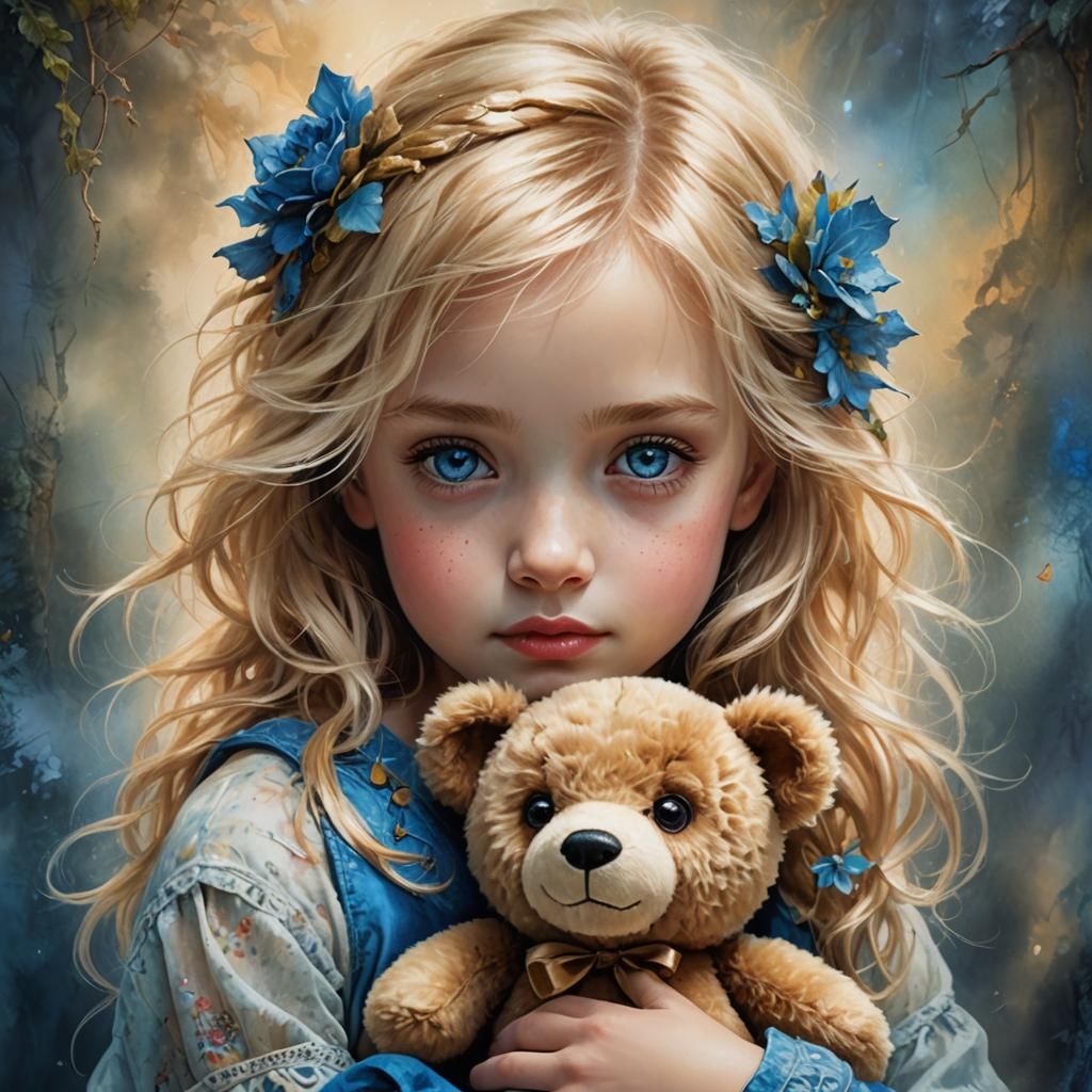 Blonde Girl with Teddy Bear in Digital Watercolor Style