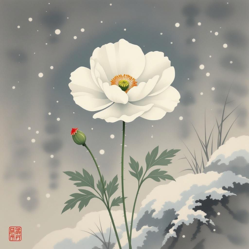 Delicate White Poppy Blooms in Wintry Shower