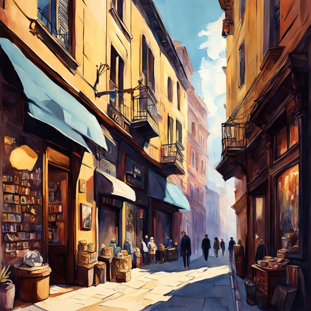 Vibrant Cityscape Bazaar in Gouache Impasto Style