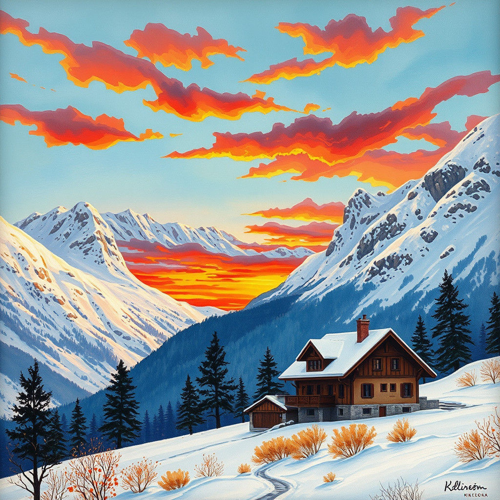 Alpine House at Sunset, Gouache Impressionist Painting