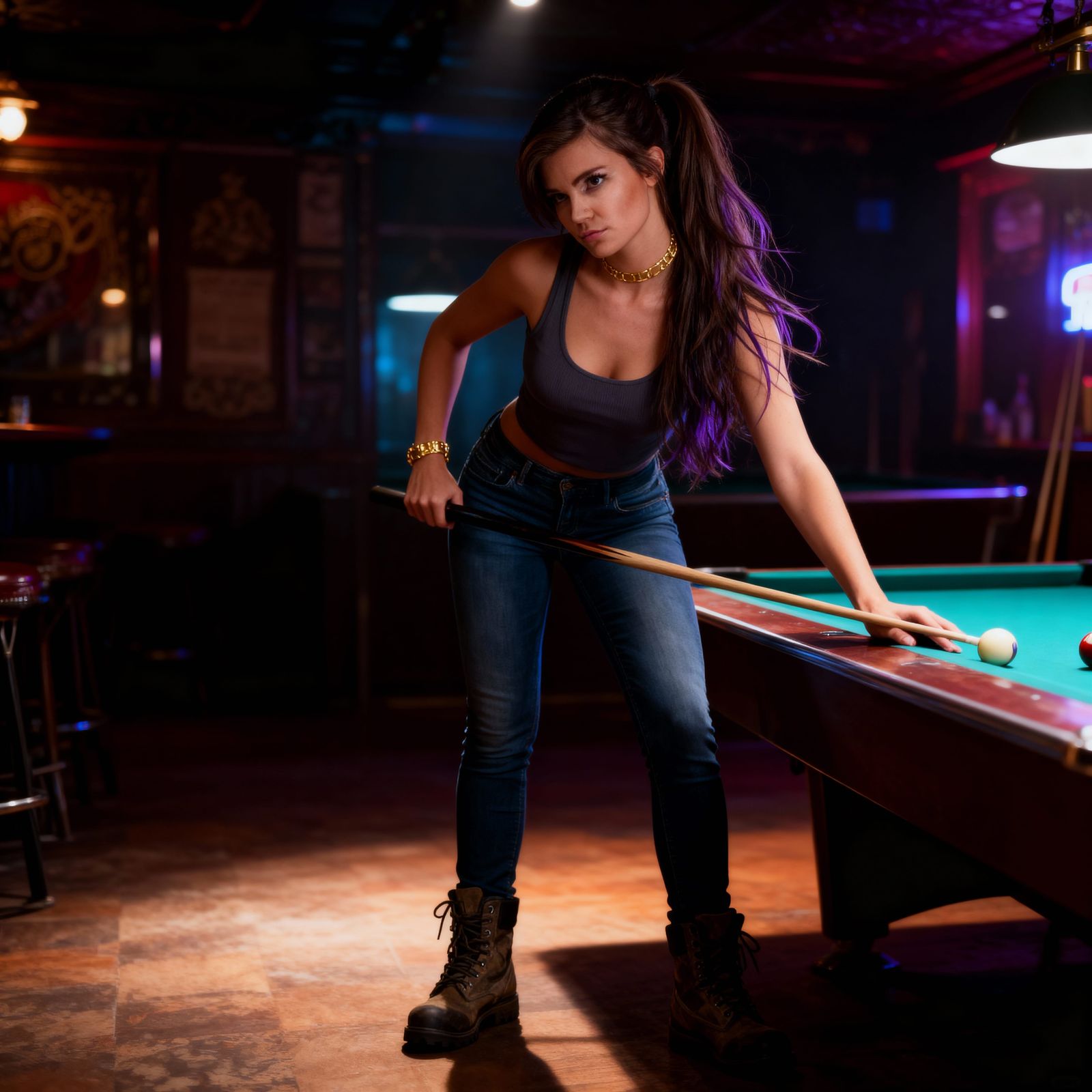 Lady Pool Hustler in Dimly Lit Honky-Tonk