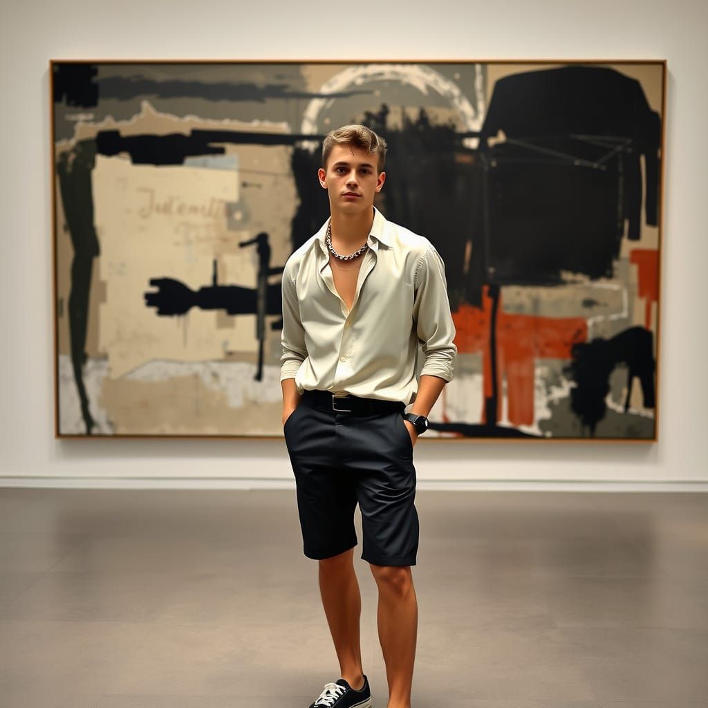 Confident Man in Art Gallery, Abstract Expressionism Style