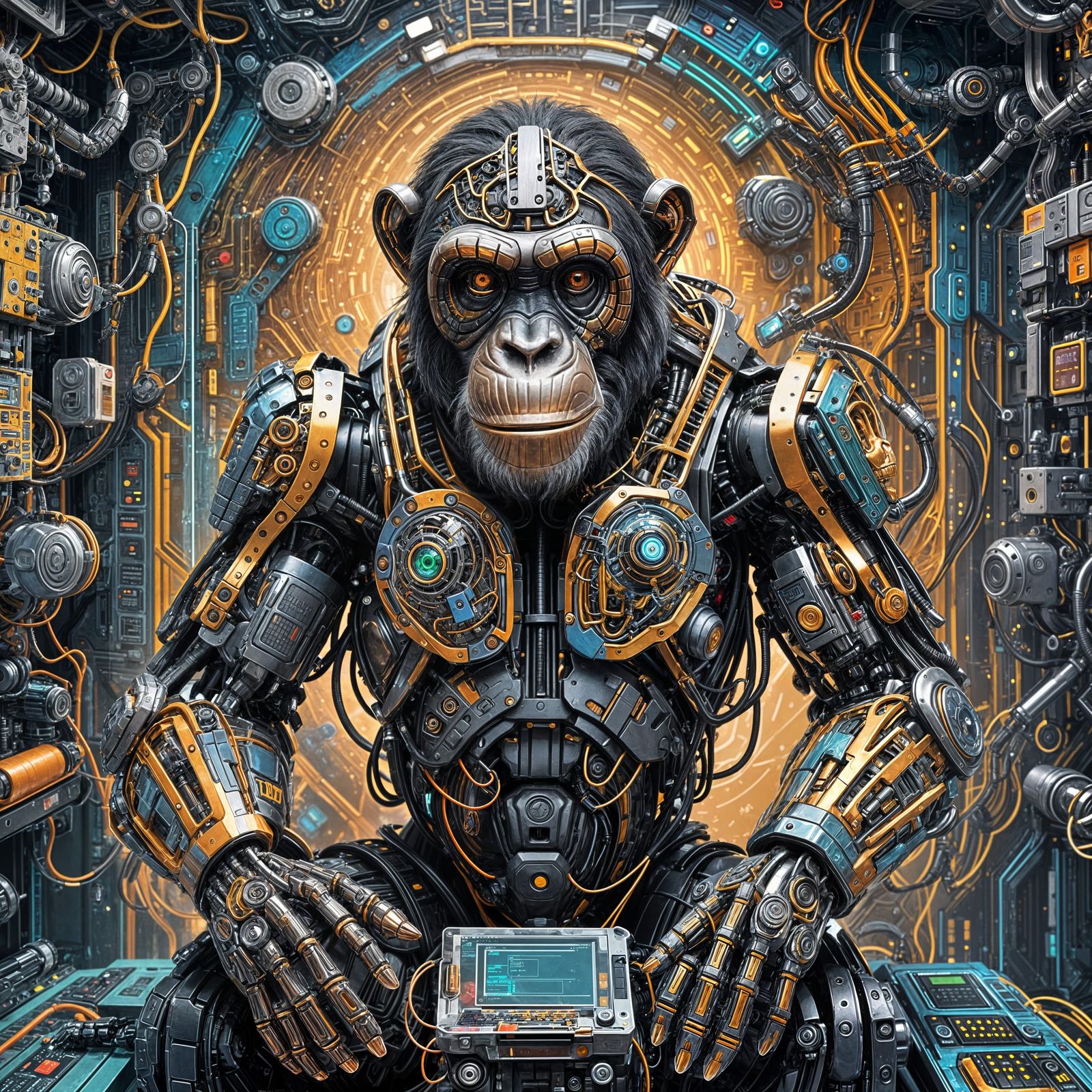 Futuristic Robot Chimpanzee with Digital Background