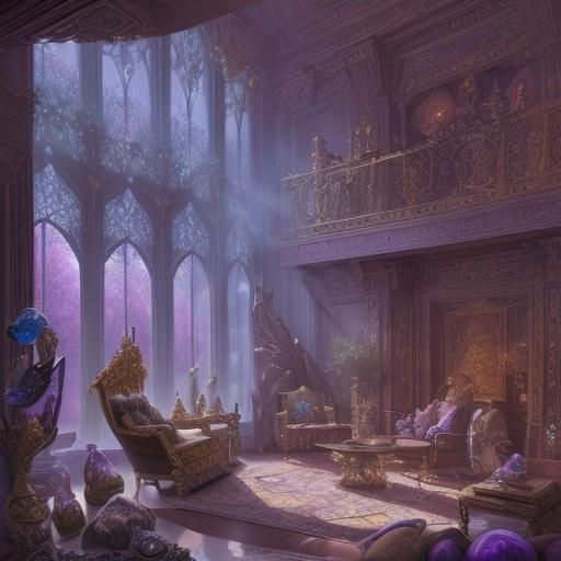 Luxurious Magical Sitting Room with Crystals in Ethereal Mis...